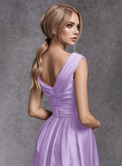 A-Line V-Neck Sleeveless Floor-Length Satin Bridesmaid Dresses With Ruffle