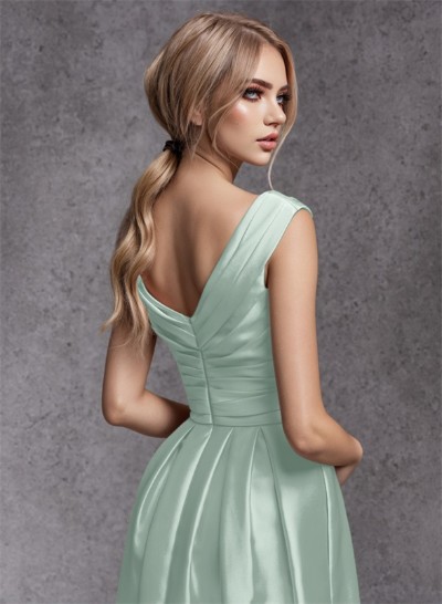 A-Line V-Neck Sleeveless Floor-Length Satin Bridesmaid Dresses With Ruffle