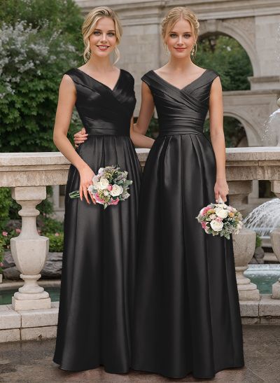 A-Line V-Neck Sleeveless Floor-Length Satin Bridesmaid Dresses With Ruffle