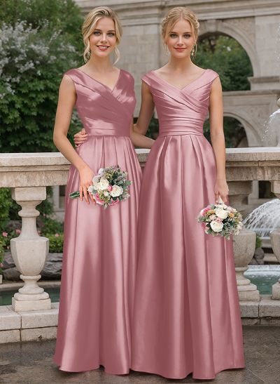 A-Line V-Neck Sleeveless Floor-Length Satin Bridesmaid Dresses With Ruffle