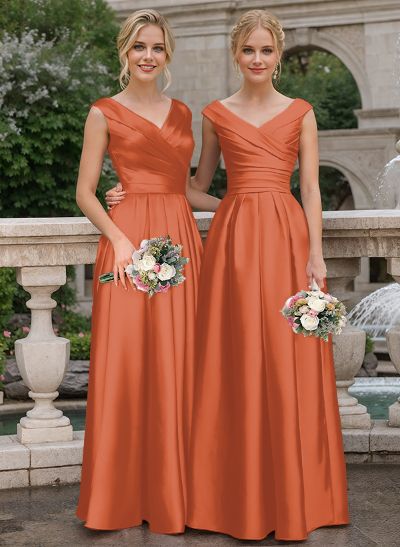 A-Line V-Neck Sleeveless Floor-Length Satin Bridesmaid Dresses With Ruffle