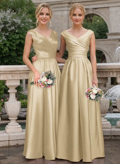 A-Line V-Neck Sleeveless Floor-Length Satin Bridesmaid Dresses With Ruffle