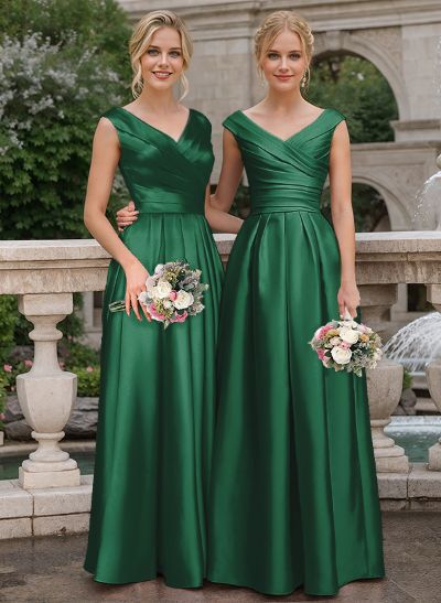 A-Line V-Neck Sleeveless Floor-Length Satin Bridesmaid Dresses With Ruffle