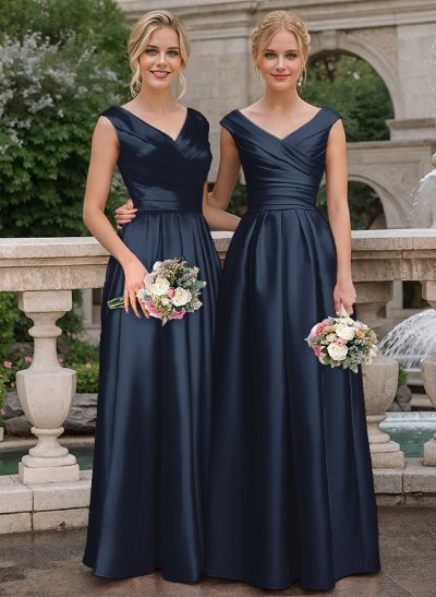 A-Line V-Neck Sleeveless Floor-Length Satin Bridesmaid Dresses With Ruffle