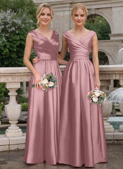 A-Line V-Neck Sleeveless Floor-Length Satin Bridesmaid Dresses With Ruffle