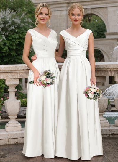 A-Line V-Neck Sleeveless Floor-Length Satin Bridesmaid Dresses With Ruffle