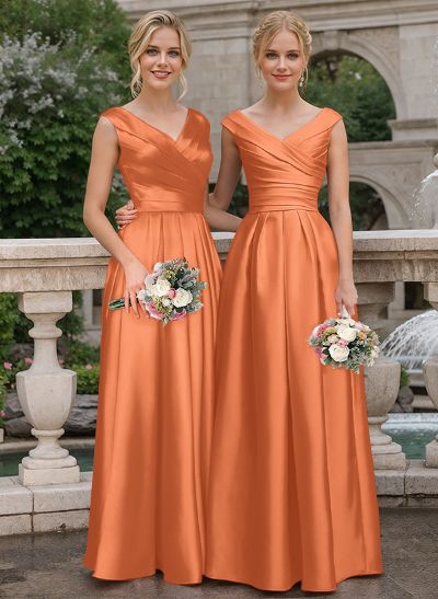 A-Line V-Neck Sleeveless Floor-Length Satin Bridesmaid Dresses With Ruffle