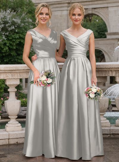 A-Line V-Neck Sleeveless Floor-Length Satin Bridesmaid Dresses With Ruffle