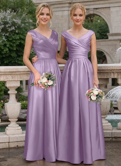 A-Line V-Neck Sleeveless Floor-Length Satin Bridesmaid Dresses With Ruffle