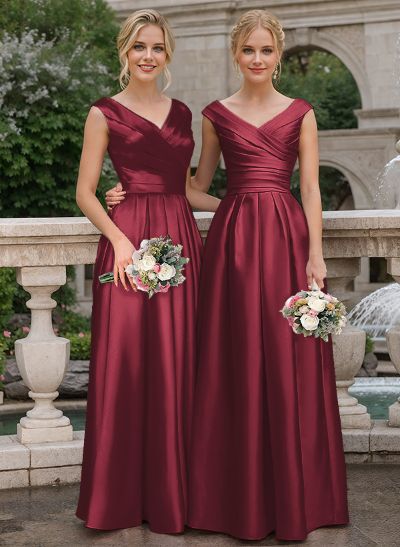 A-Line V-Neck Sleeveless Floor-Length Satin Bridesmaid Dresses With Ruffle