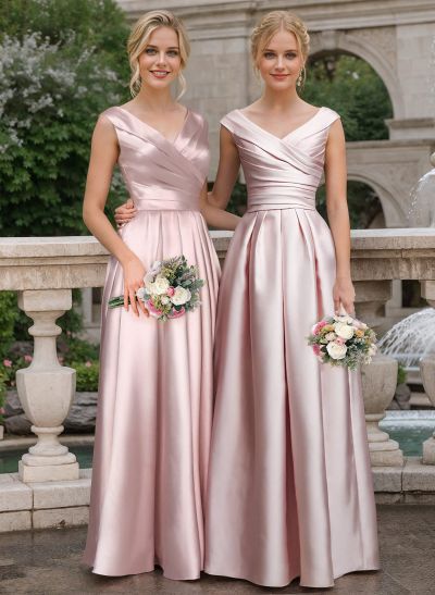 A-Line V-Neck Sleeveless Floor-Length Satin Bridesmaid Dresses With Ruffle