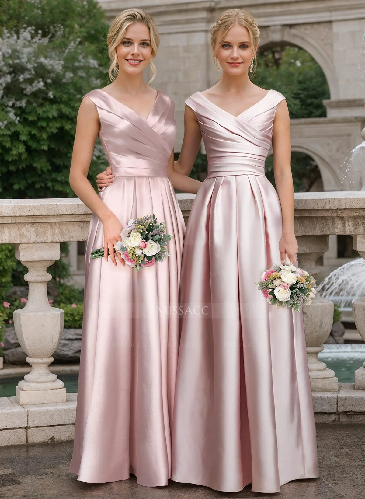 Missacc Bridesmaid A-Line V-Neck Sleeveless Floor-Length Satin Bridesmaid Dresses with Ruffle