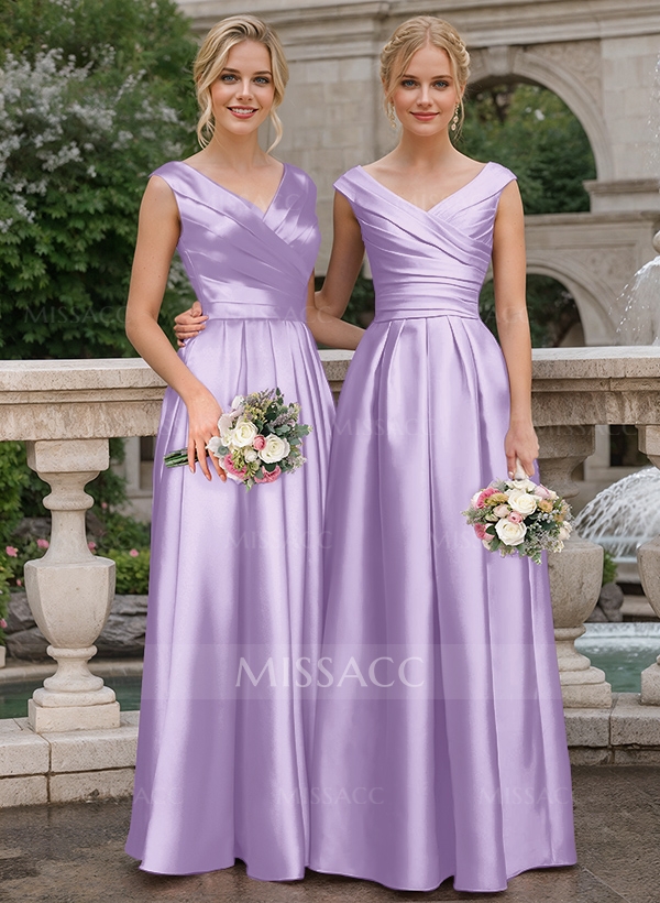 A-Line V-Neck Sleeveless Floor-Length Satin Bridesmaid Dresses