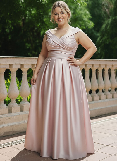 A-Line V-Neck Sleeveless Floor-Length Satin Bridesmaid Dresses With Ruffle