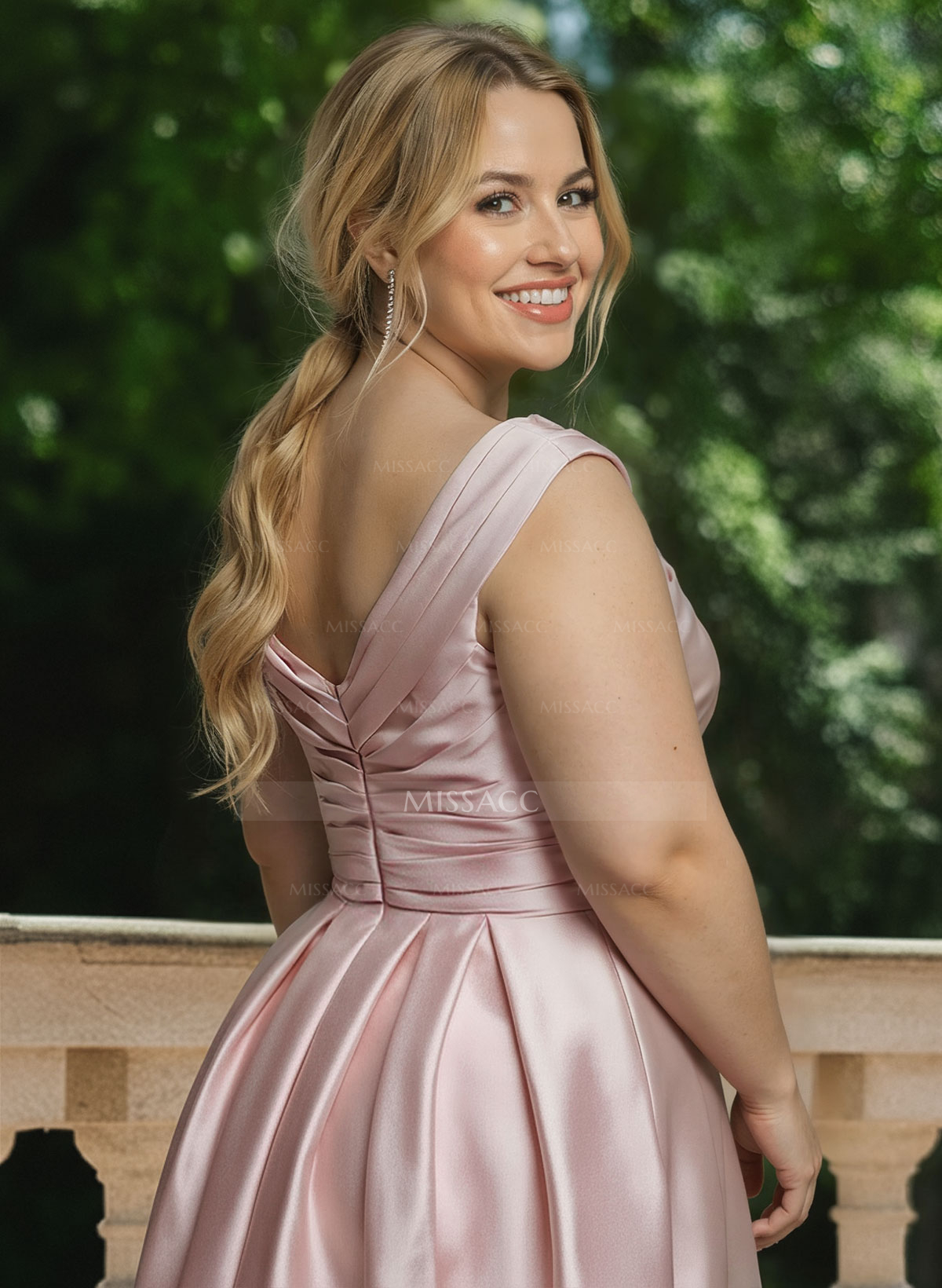 A-Line V-Neck Sleeveless Floor-Length Satin Bridesmaid Dresses With Ruffle