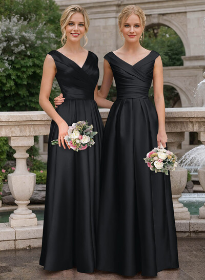 A-Line V-Neck Sleeveless Floor-Length Satin Bridesmaid Dresses With Ruffle
