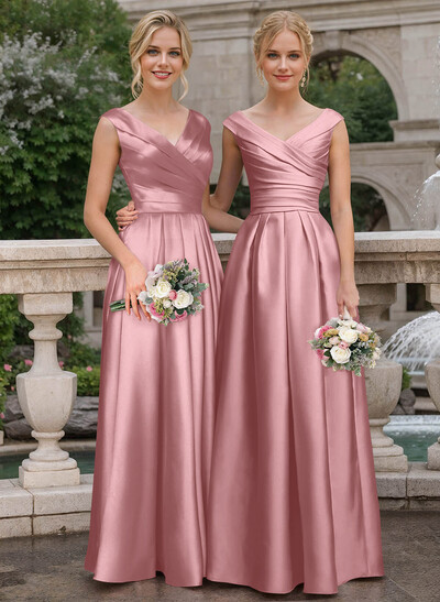 A-Line V-Neck Sleeveless Floor-Length Satin Bridesmaid Dresses With Ruffle