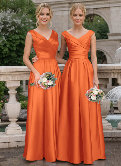 A-Line V-Neck Sleeveless Floor-Length Satin Bridesmaid Dresses With Ruffle