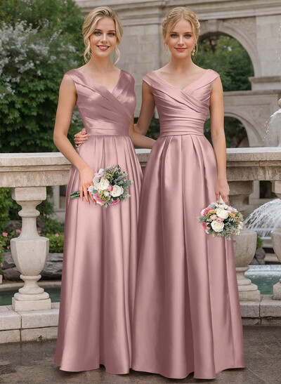 A-Line V-Neck Sleeveless Floor-Length Satin Bridesmaid Dresses With Ruffle