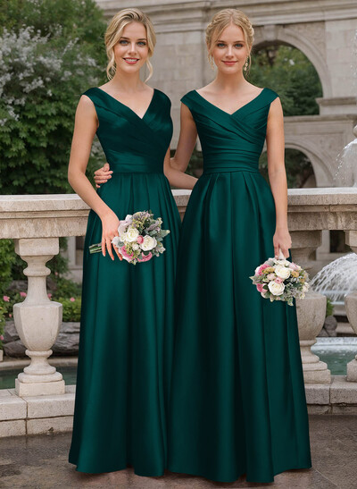 A-Line V-Neck Sleeveless Floor-Length Satin Bridesmaid Dresses With Ruffle