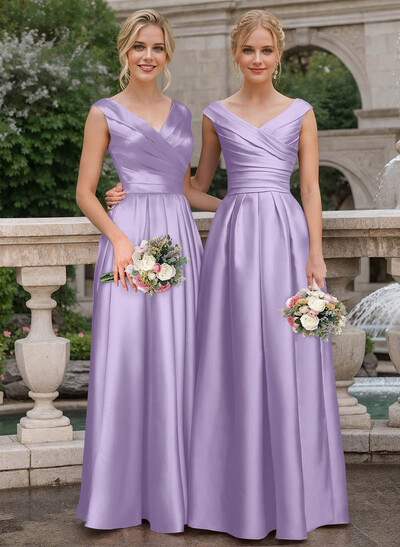 A-Line V-Neck Sleeveless Floor-Length Satin Bridesmaid Dresses With Ruffle