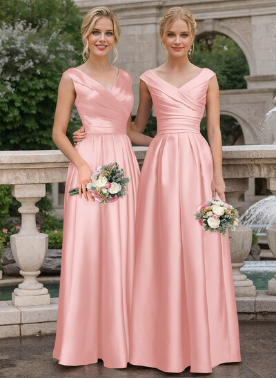 A-Line V-Neck Sleeveless Floor-Length Satin Bridesmaid Dresses With Ruffle