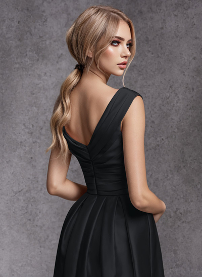 A-Line V-Neck Sleeveless Floor-Length Satin Bridesmaid Dresses With Ruffle