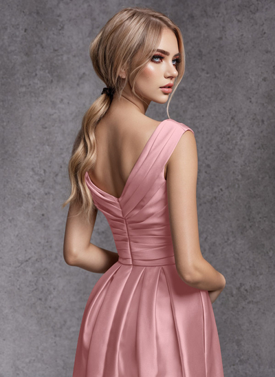 A-Line V-Neck Sleeveless Floor-Length Satin Bridesmaid Dresses With Ruffle