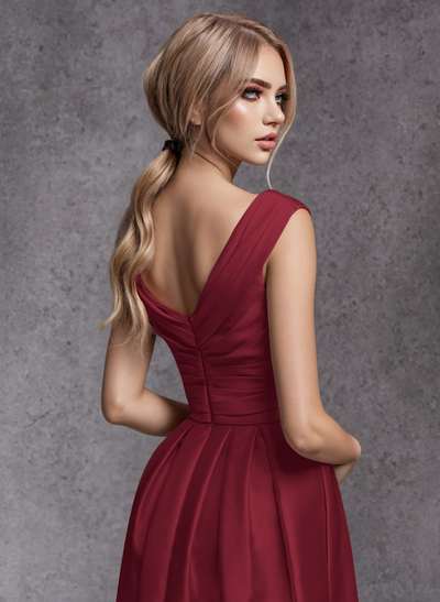 A-Line V-Neck Sleeveless Floor-Length Satin Bridesmaid Dresses With Ruffle