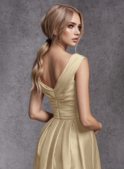 A-Line V-Neck Sleeveless Floor-Length Satin Bridesmaid Dresses With Ruffle