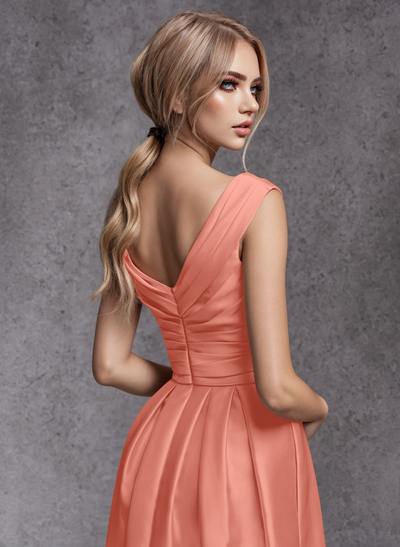 A-Line V-Neck Sleeveless Floor-Length Satin Bridesmaid Dresses With Ruffle