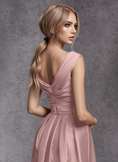 A-Line V-Neck Sleeveless Floor-Length Satin Bridesmaid Dresses With Ruffle