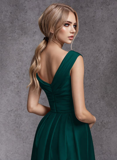 A-Line V-Neck Sleeveless Floor-Length Satin Bridesmaid Dresses With Ruffle