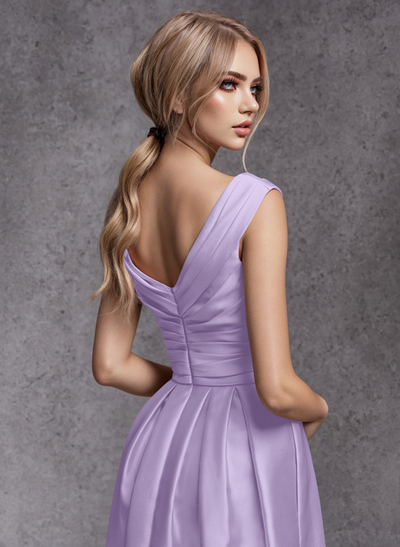 A-Line V-Neck Sleeveless Floor-Length Satin Bridesmaid Dresses With Ruffle