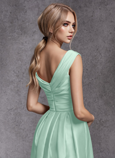 A-Line V-Neck Sleeveless Floor-Length Satin Bridesmaid Dresses With Ruffle