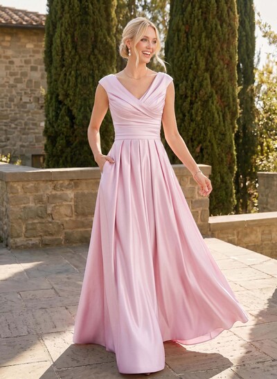 A-Line V-Neck Sleeveless Floor-Length Satin Bridesmaid Dresses With Ruffle