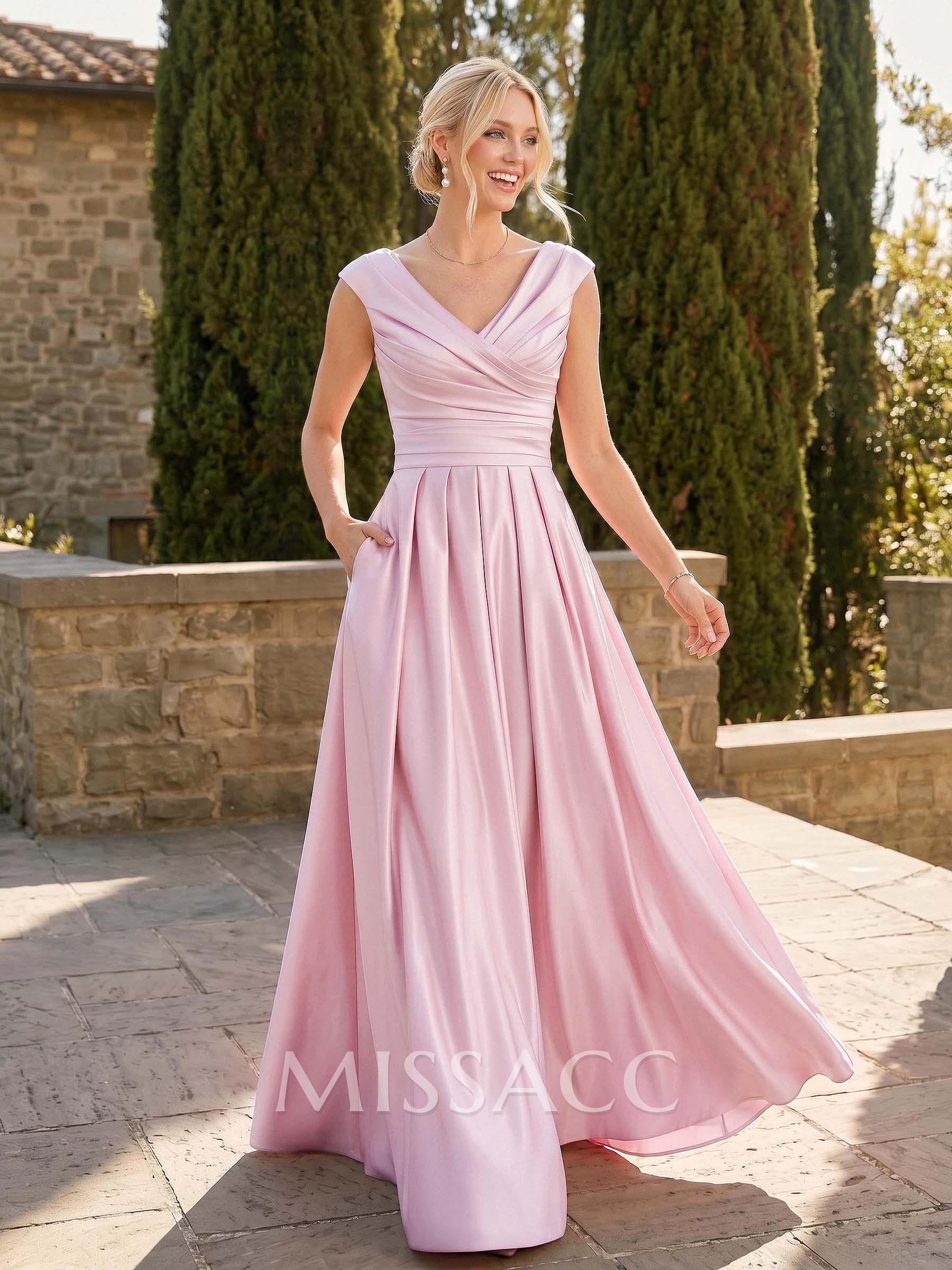 A-Line V-Neck Sleeveless Floor-Length Satin Bridesmaid Dresses With Ruffle A-Line V-Neck Sleeveless Floor-Length Satin Bridesmaid Dresses With Ruffle