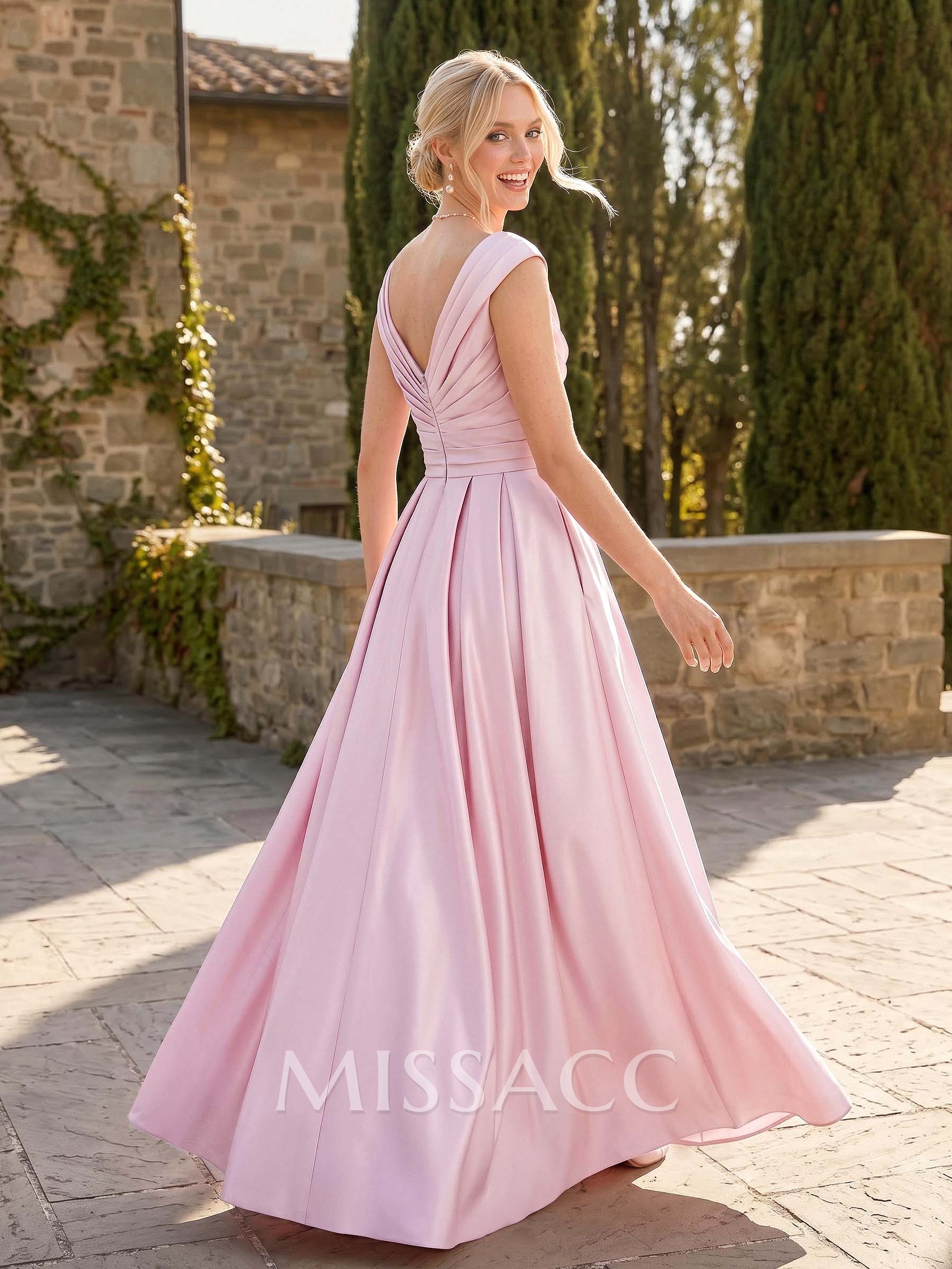 A-Line V-Neck Sleeveless Floor-Length Satin Bridesmaid Dresses With Ruffle A-Line V-Neck Sleeveless Floor-Length Satin Bridesmaid Dresses With Ruffle