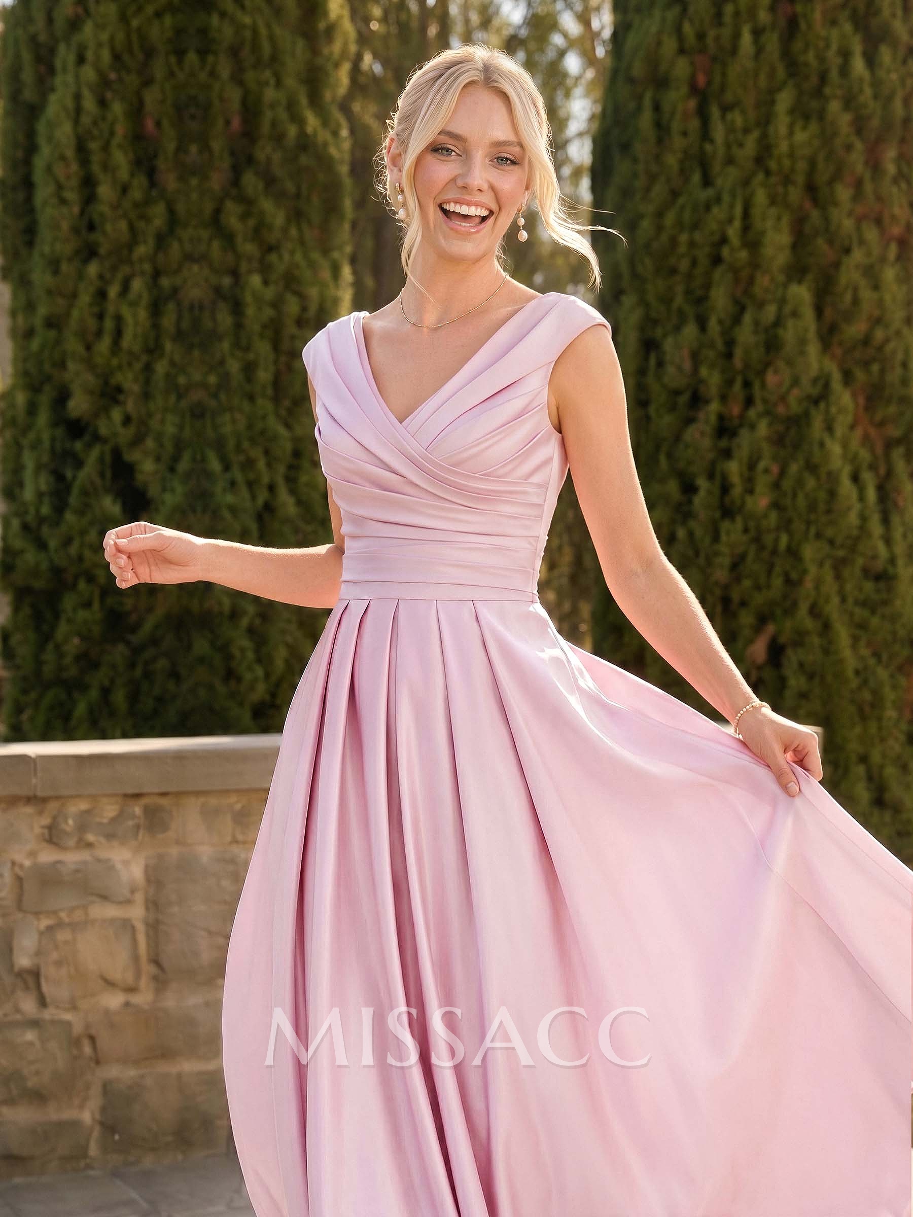 A-Line V-Neck Sleeveless Floor-Length Satin Bridesmaid Dresses With Ruffle A-Line V-Neck Sleeveless Floor-Length Satin Bridesmaid Dresses With Ruffle