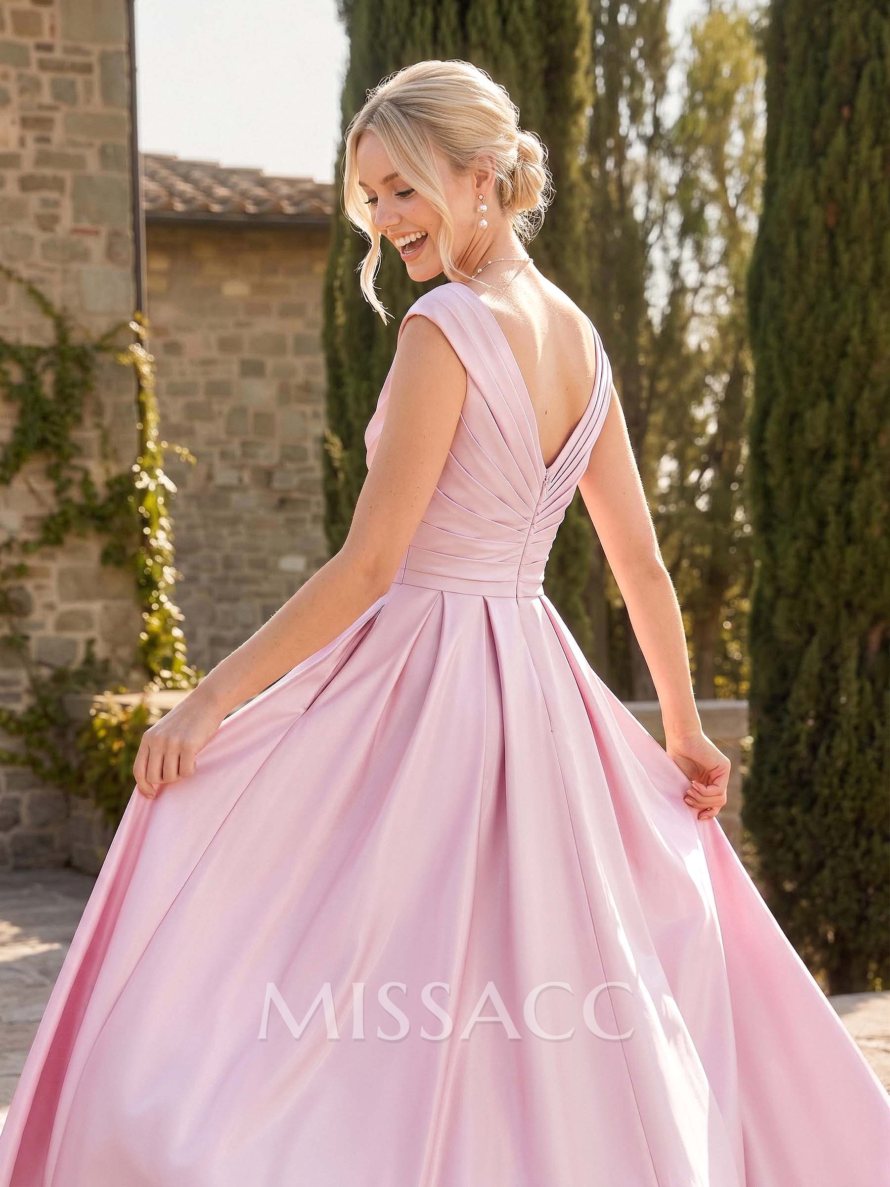 A-Line V-Neck Sleeveless Floor-Length Satin Bridesmaid Dresses With Ruffle A-Line V-Neck Sleeveless Floor-Length Satin Bridesmaid Dresses With Ruffle