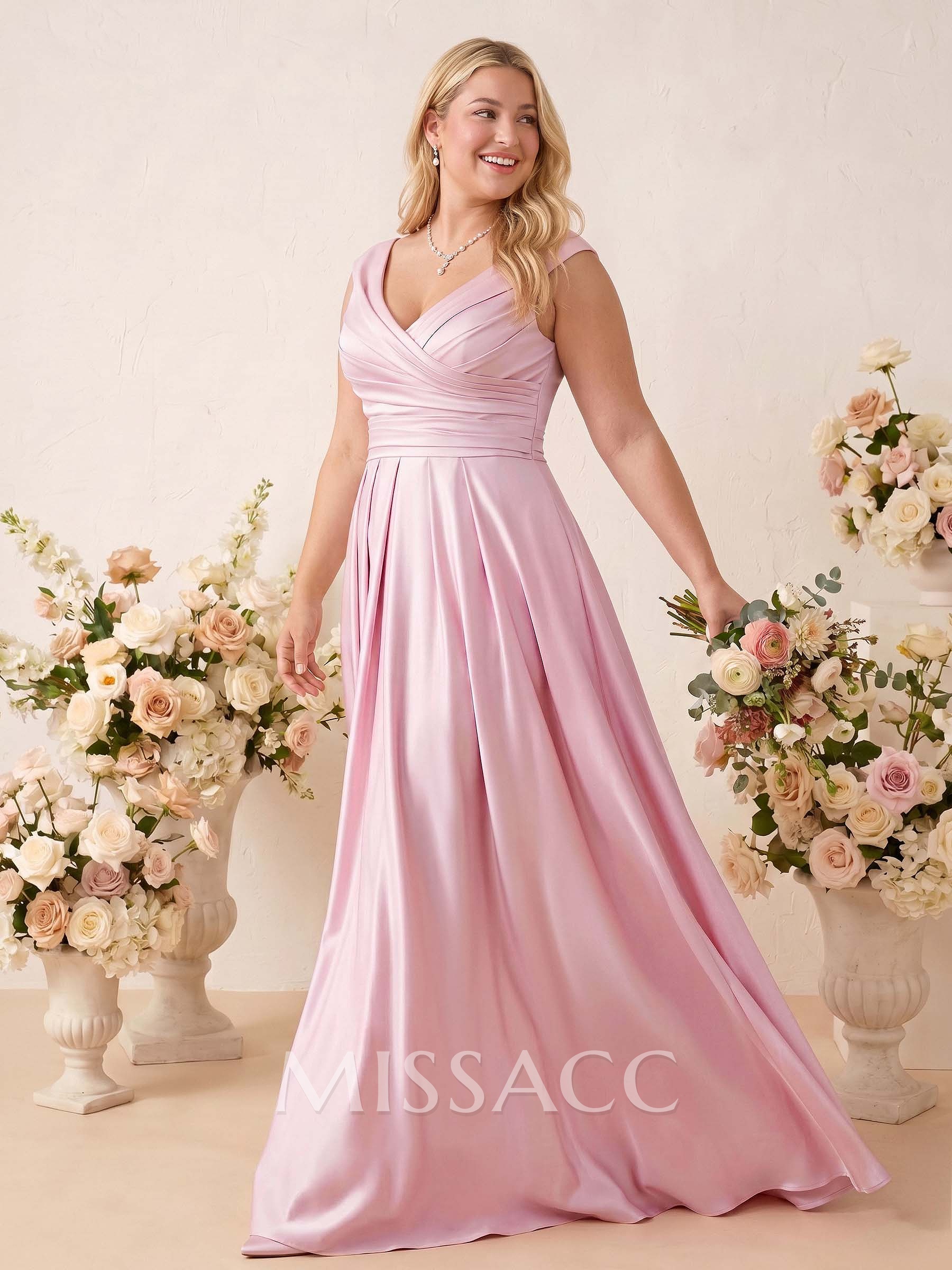 A-Line V-Neck Sleeveless Floor-Length Satin Bridesmaid Dresses With Ruffle A-Line V-Neck Sleeveless Floor-Length Satin Bridesmaid Dresses With Ruffle
