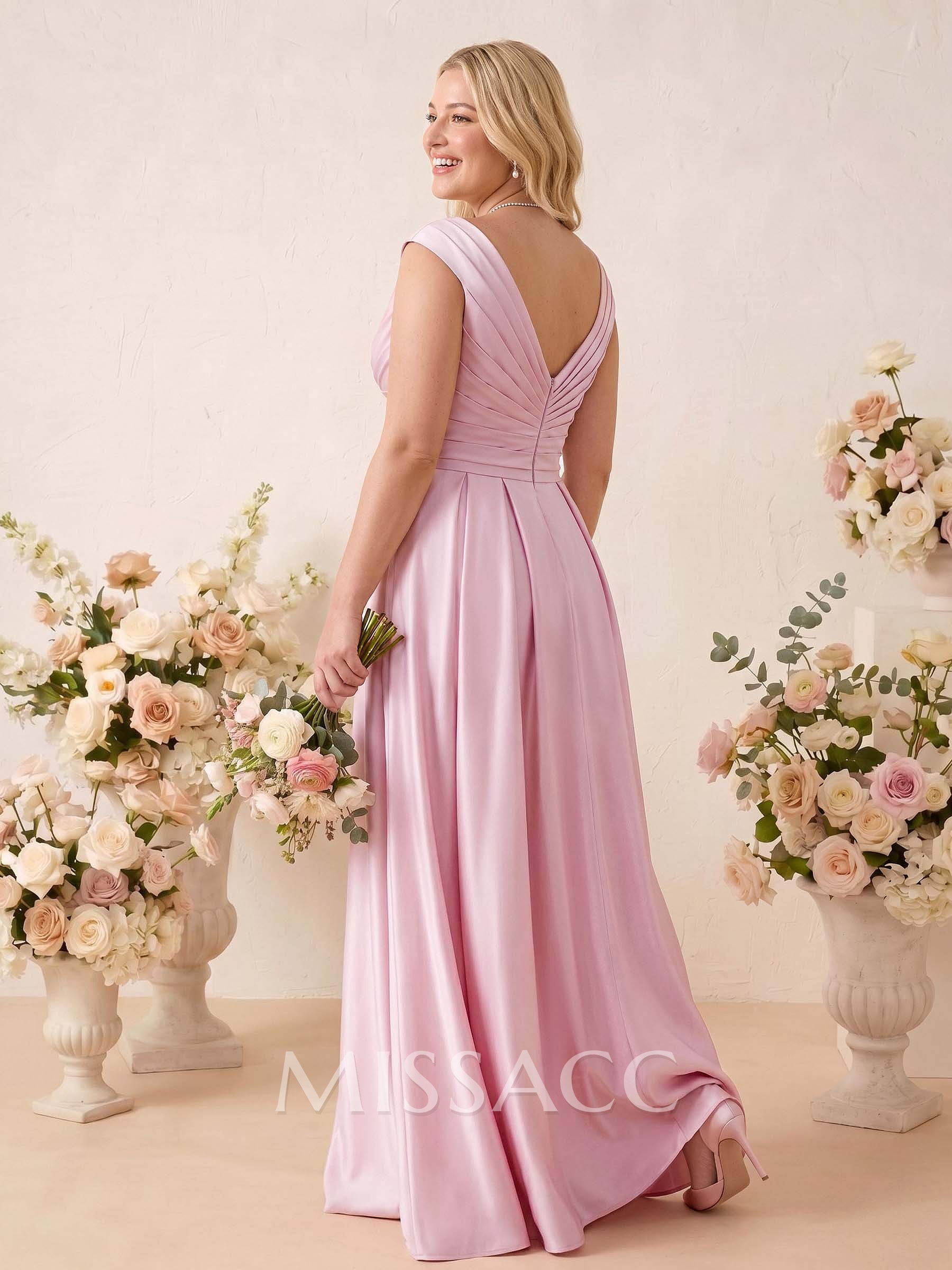 A-Line V-Neck Sleeveless Floor-Length Satin Bridesmaid Dresses With Ruffle A-Line V-Neck Sleeveless Floor-Length Satin Bridesmaid Dresses With Ruffle