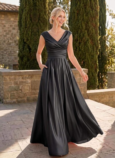 A-Line V-Neck Sleeveless Floor-Length Satin Bridesmaid Dresses With Ruffle