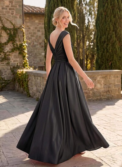 A-Line V-Neck Sleeveless Floor-Length Satin Bridesmaid Dresses With Ruffle