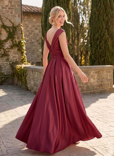 A-Line V-Neck Sleeveless Floor-Length Satin Bridesmaid Dresses With Ruffle