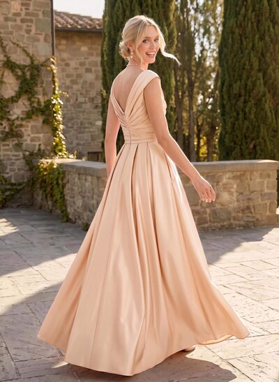 A-Line V-Neck Sleeveless Floor-Length Satin Bridesmaid Dresses With Ruffle