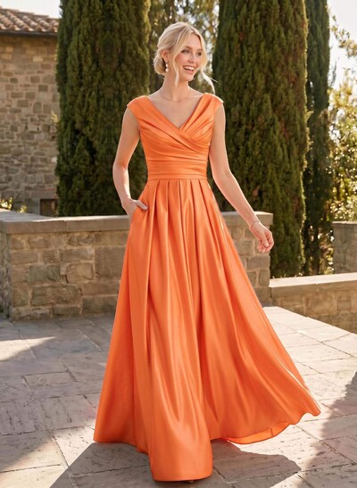 A-Line V-Neck Sleeveless Floor-Length Satin Bridesmaid Dresses With Ruffle