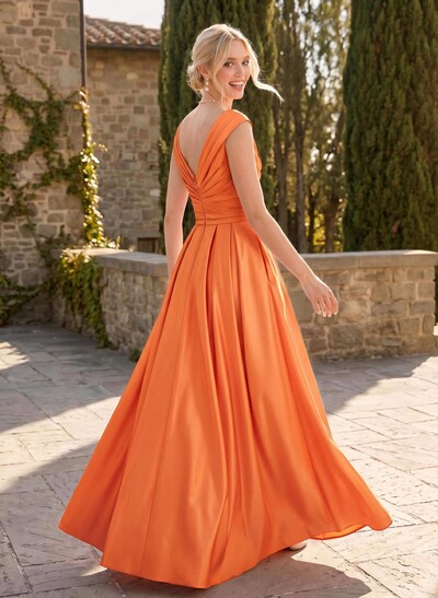 A-Line V-Neck Sleeveless Floor-Length Satin Bridesmaid Dresses With Ruffle