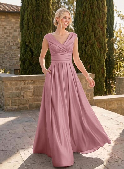A-Line V-Neck Sleeveless Floor-Length Satin Bridesmaid Dresses With Ruffle
