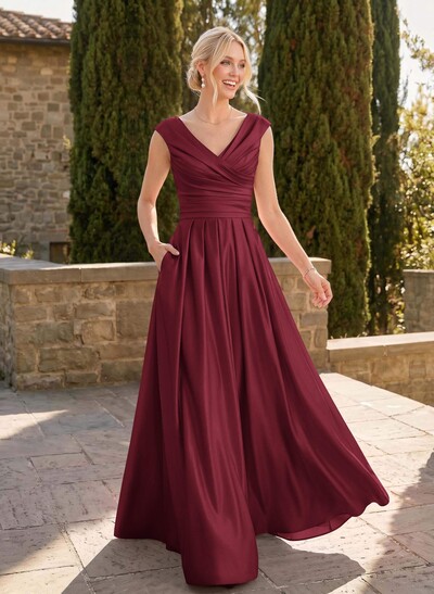 A-Line V-Neck Sleeveless Floor-Length Satin Bridesmaid Dresses With Ruffle